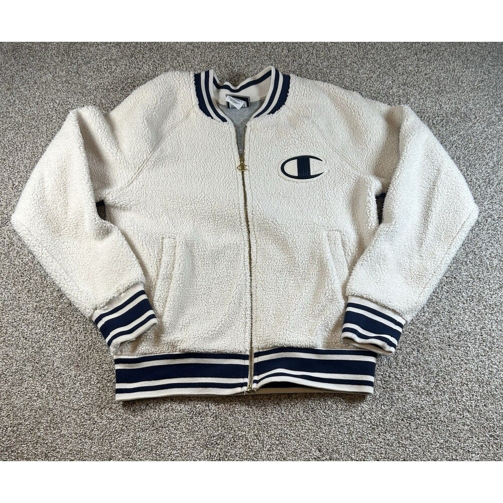 Champion Bomber Varsity Jacket Womens Medium White Fleece Zip Spellout  School